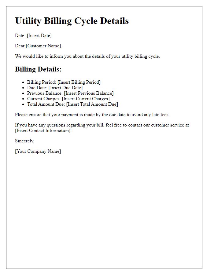 Letter template of Utility Billing Cycle Details