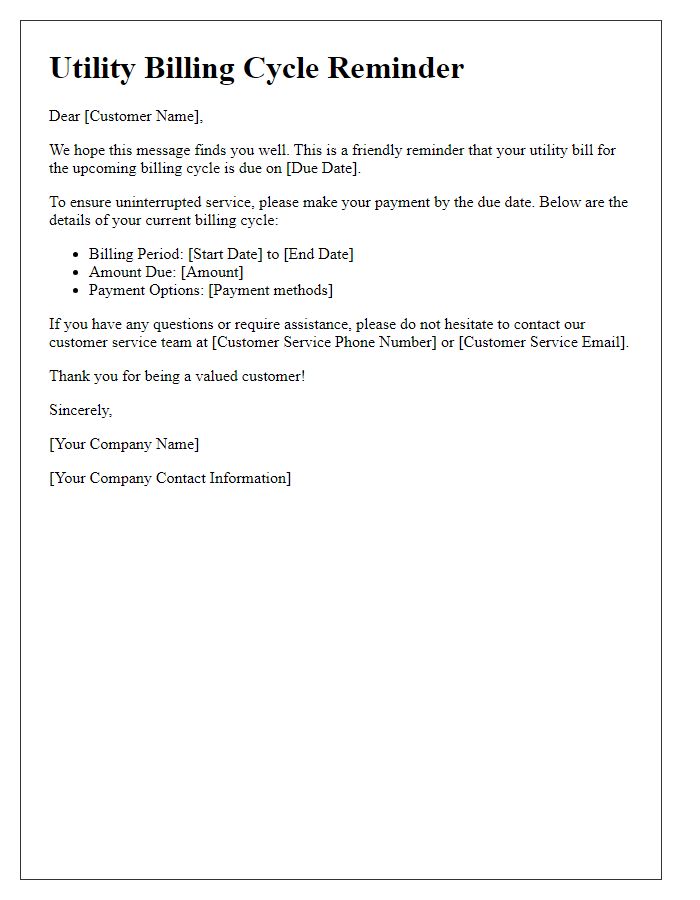 Letter template of Utility Billing Cycle Reminder