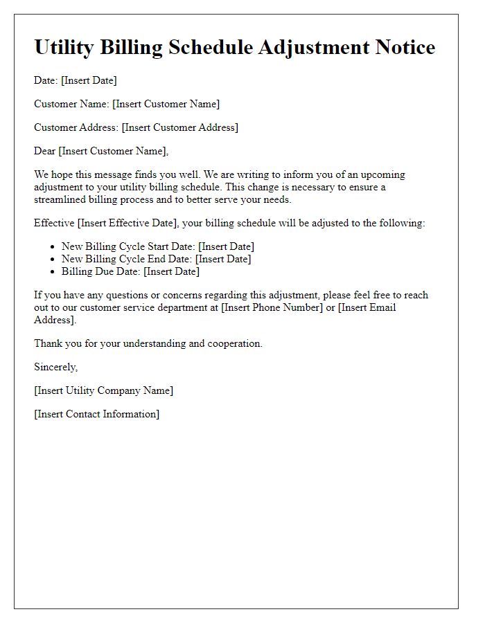 Letter template of Utility Billing Schedule Adjustment