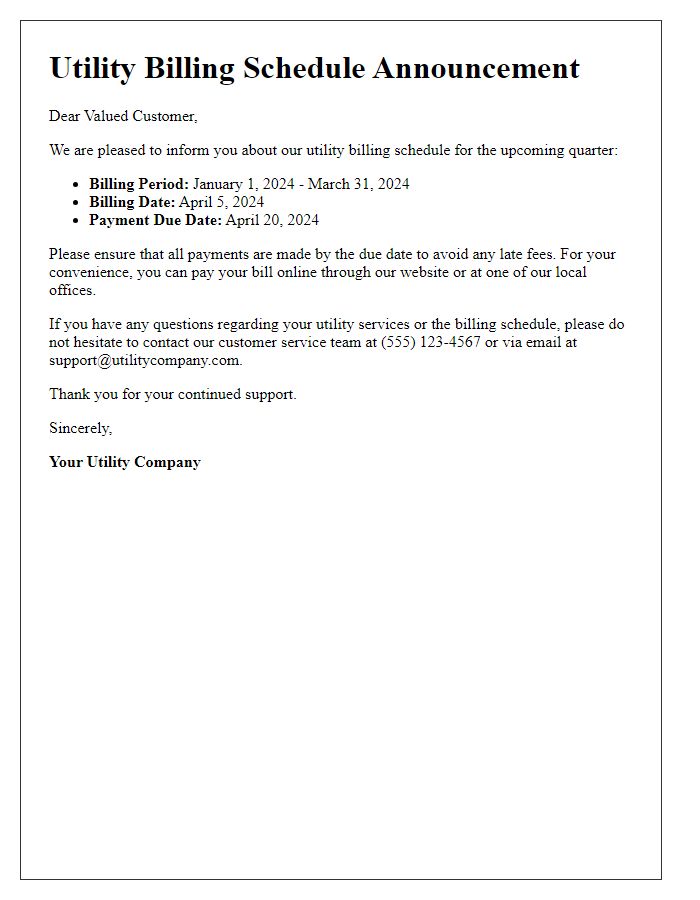 Letter template of Utility Billing Schedule Announcement