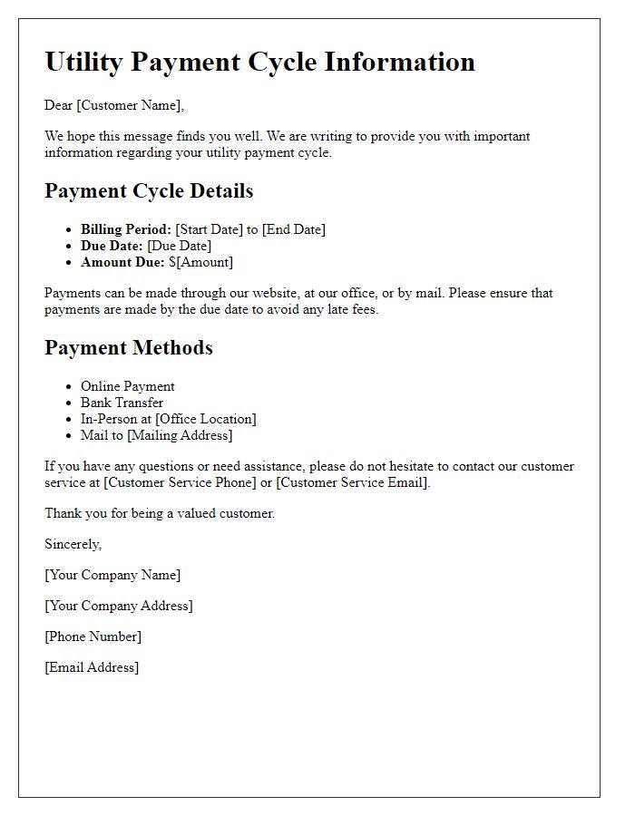 Letter template of Utility Payment Cycle Information