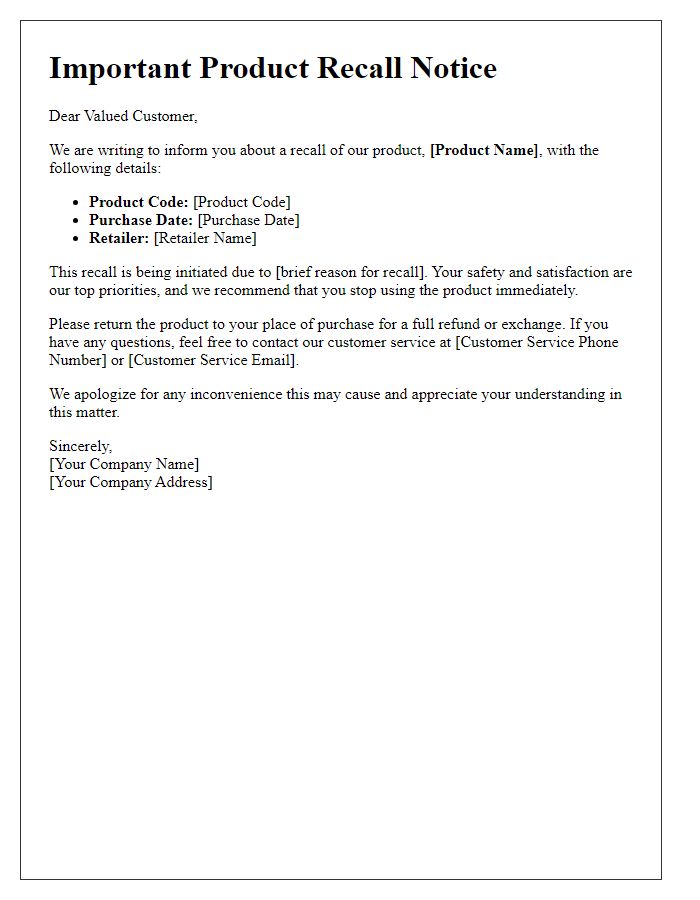 Letter template of product recall notice for customers