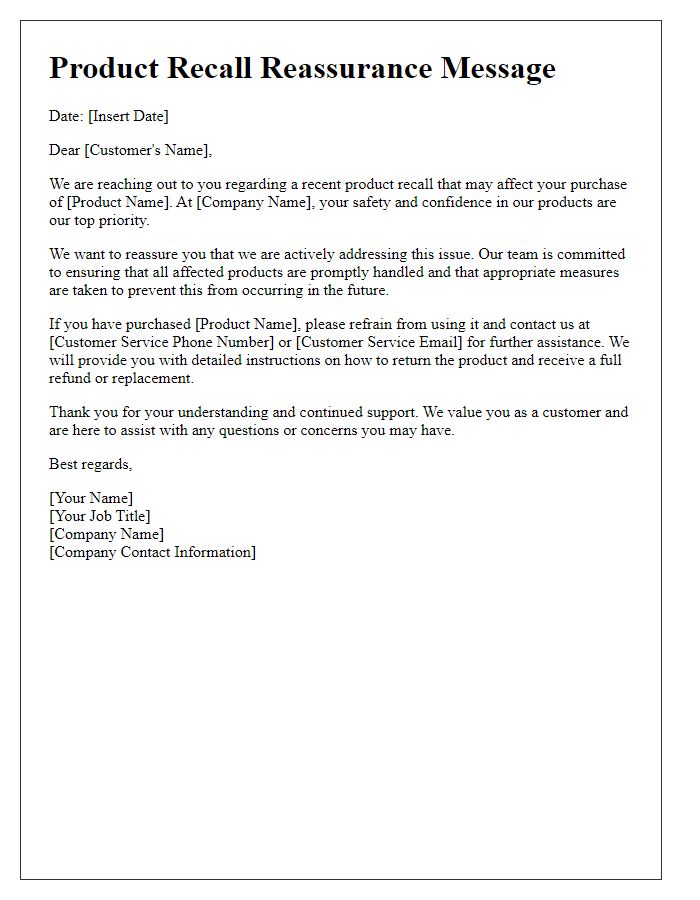 Letter template of product recall reassurance message