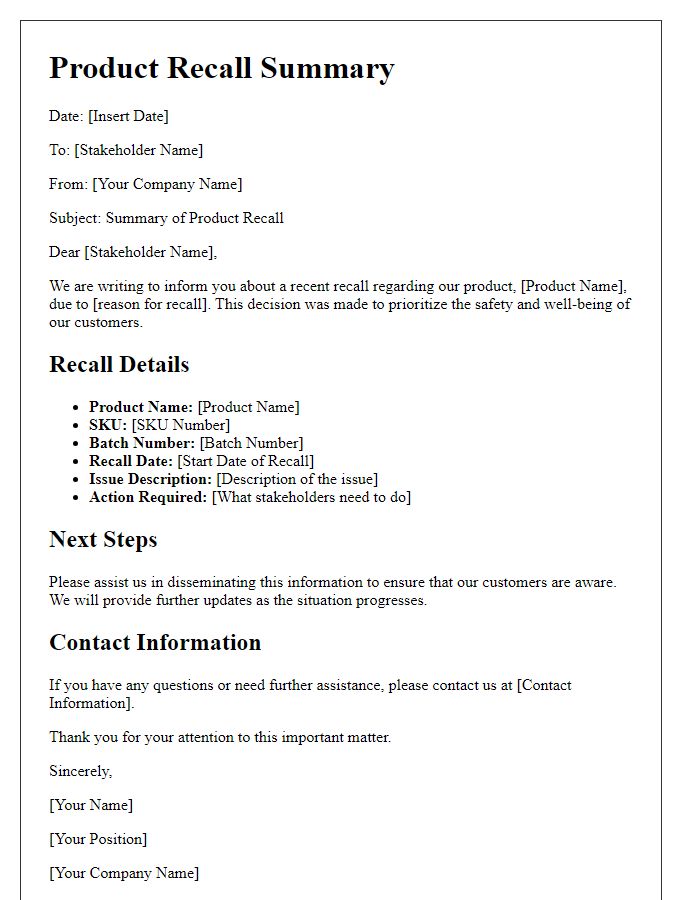 Letter template of product recall summary for stakeholders