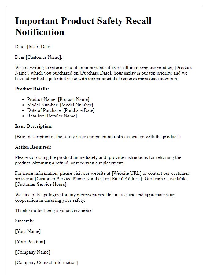 Letter template of product safety recall communication