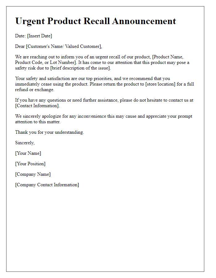 Letter template of urgent product recall announcement