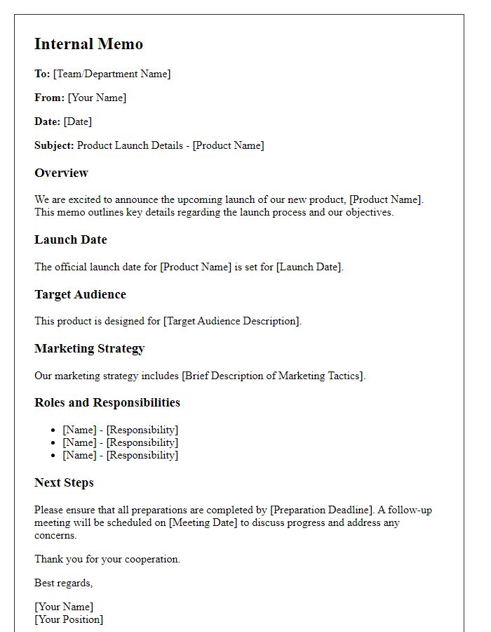 Letter template of internal memo for product launch details