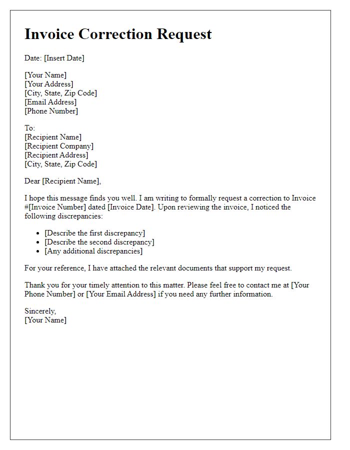 Letter template of invoice correction request