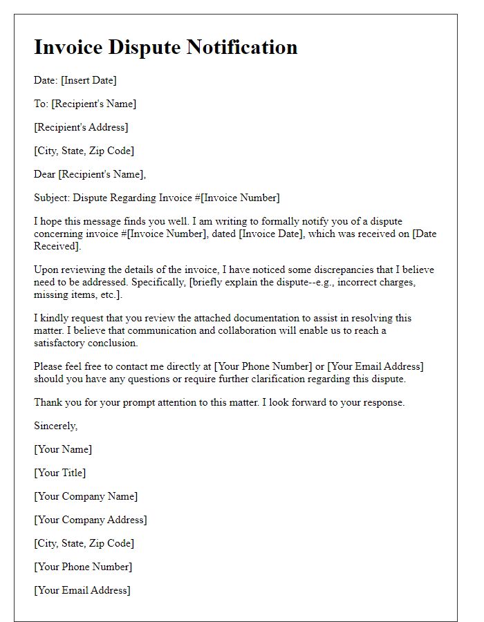 Letter template of invoice dispute notification