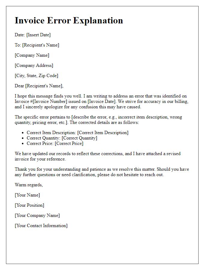 Letter template of invoice error explanation