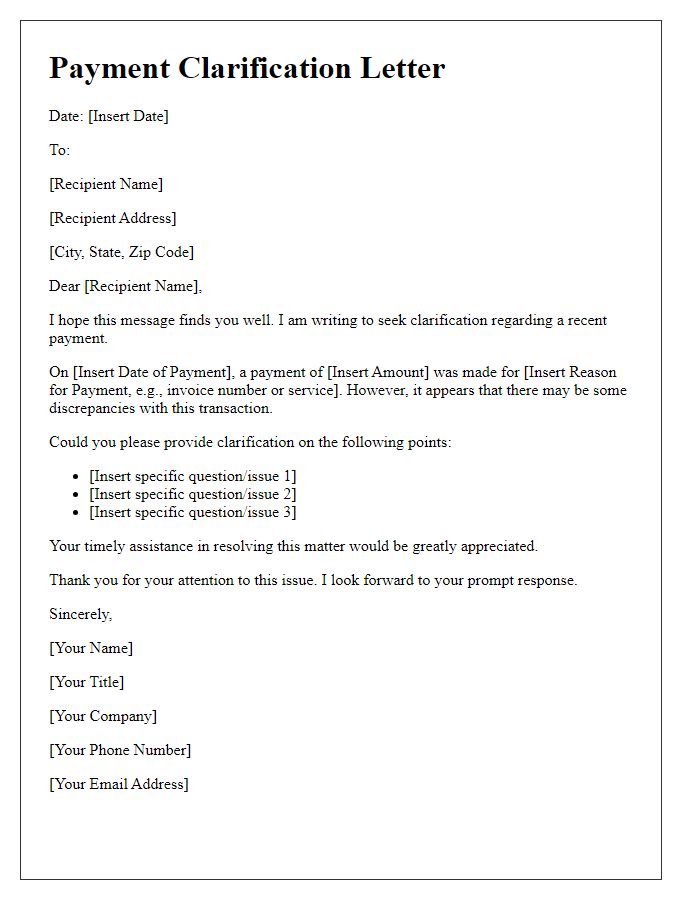 Letter template of payment clarification