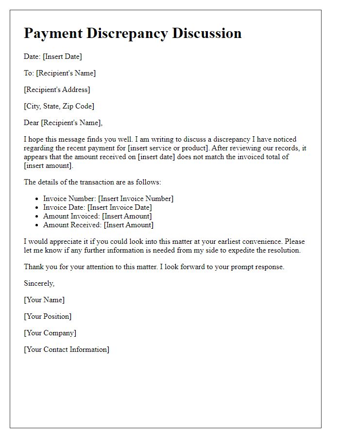 Letter template of payment discrepancy discussion