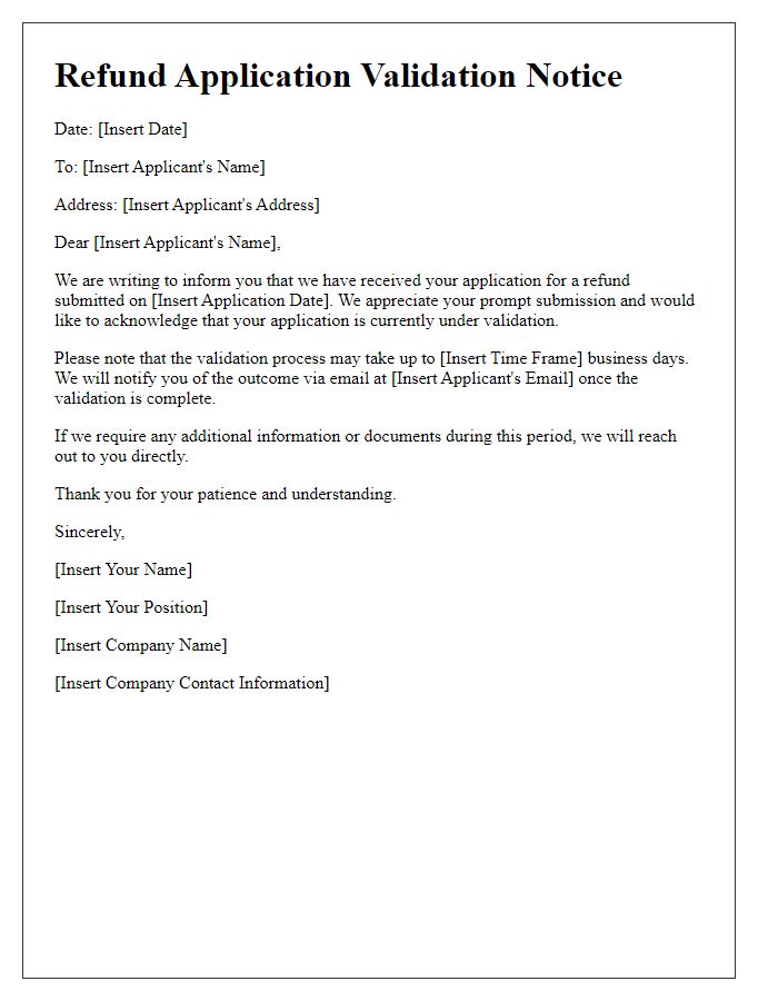 Letter template of refund application validation notice