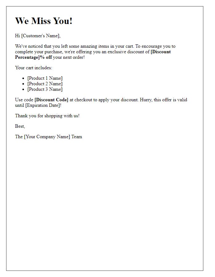 Letter template of exclusive discount for cart abandonment