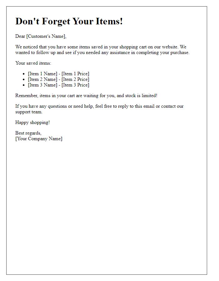 Letter template of follow-up on your saved shopping cart