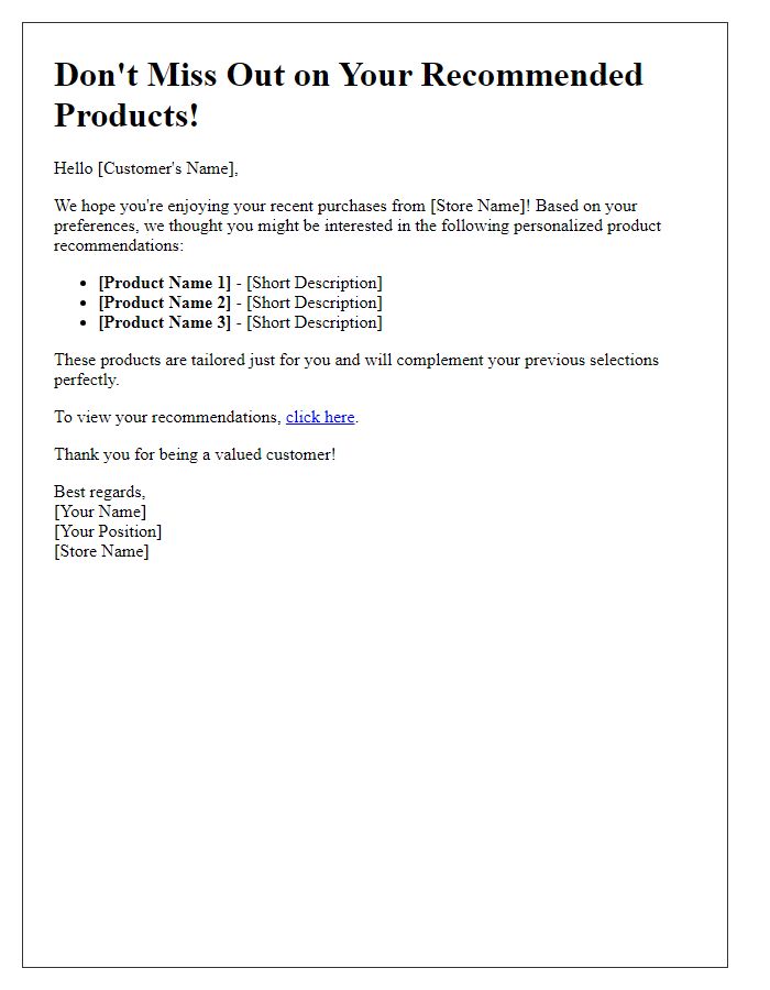 Letter template of personalized product recommendations reminder