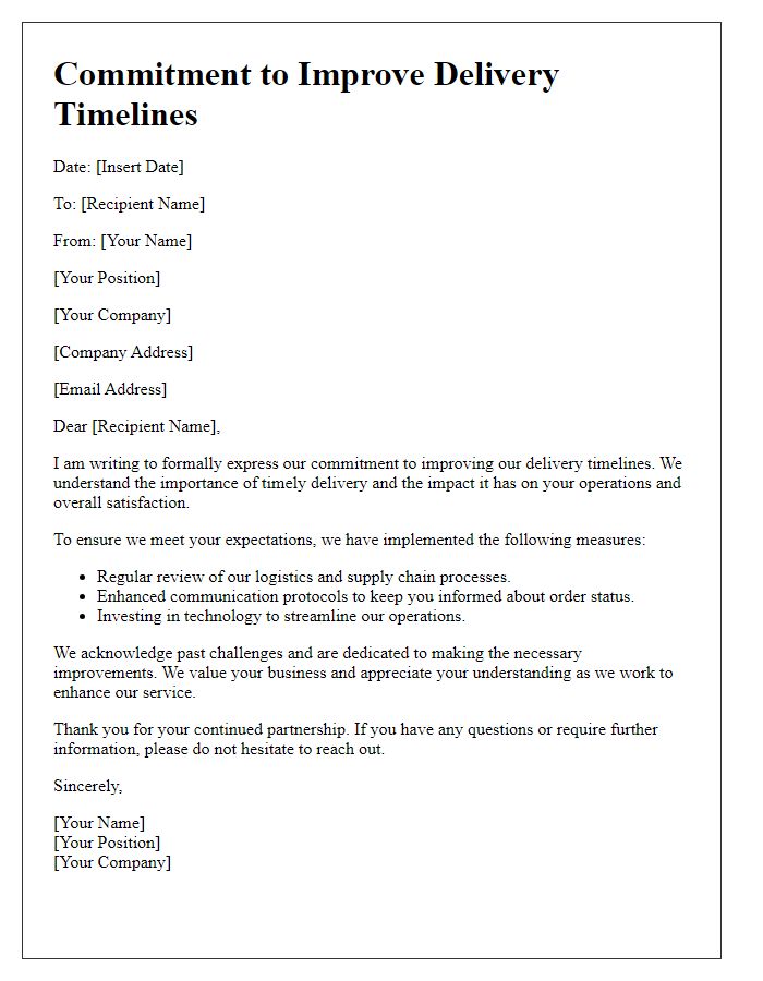 Letter template of commitment to improve delivery timelines