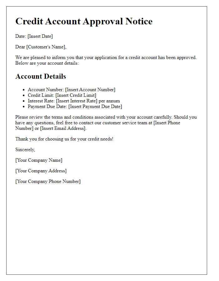 Letter template of approved credit account details.