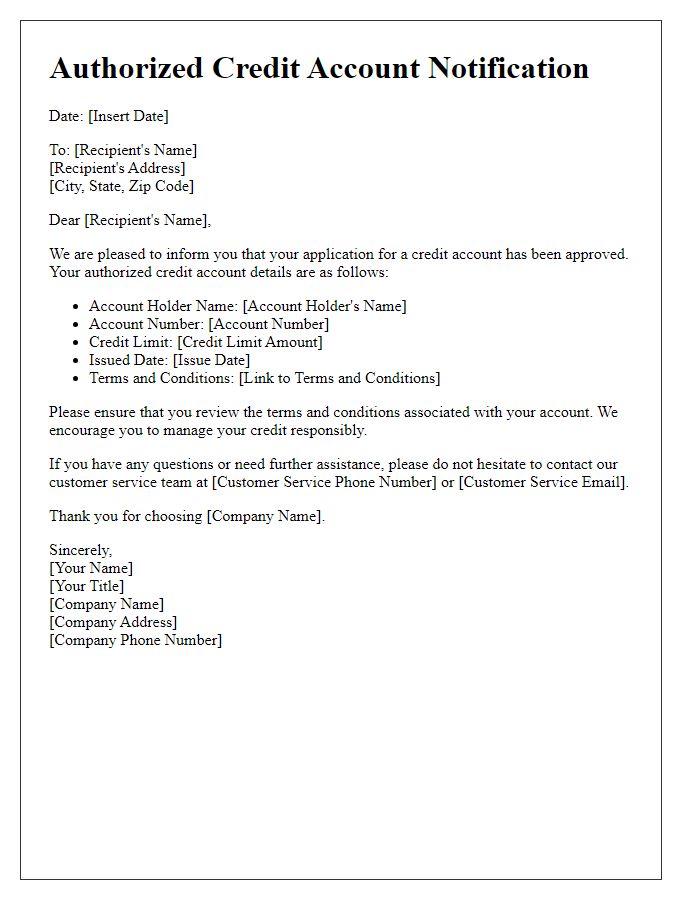 Letter template of authorized credit account notification.