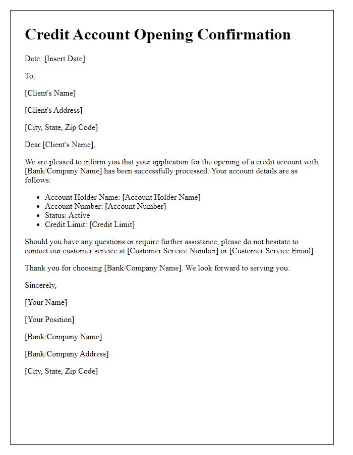 Letter template of credit account opening confirmation.