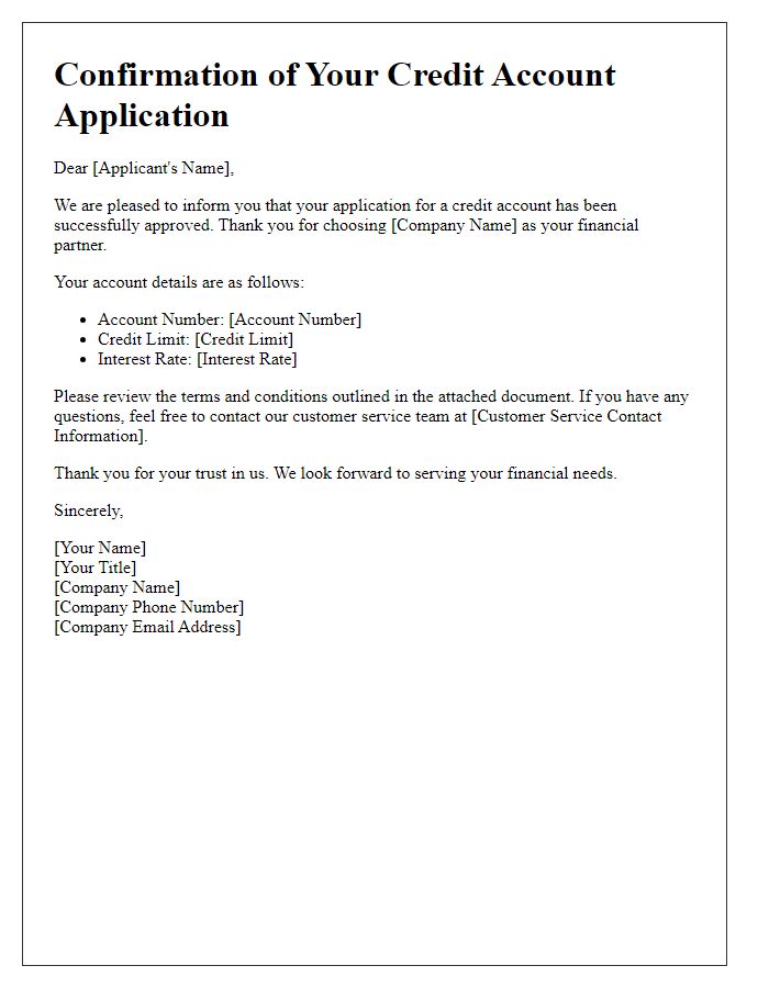 Letter template of successful credit account application confirmation.