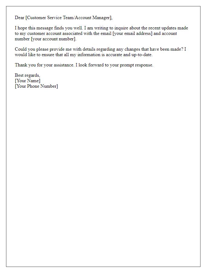 Letter template of customer account update inquiry