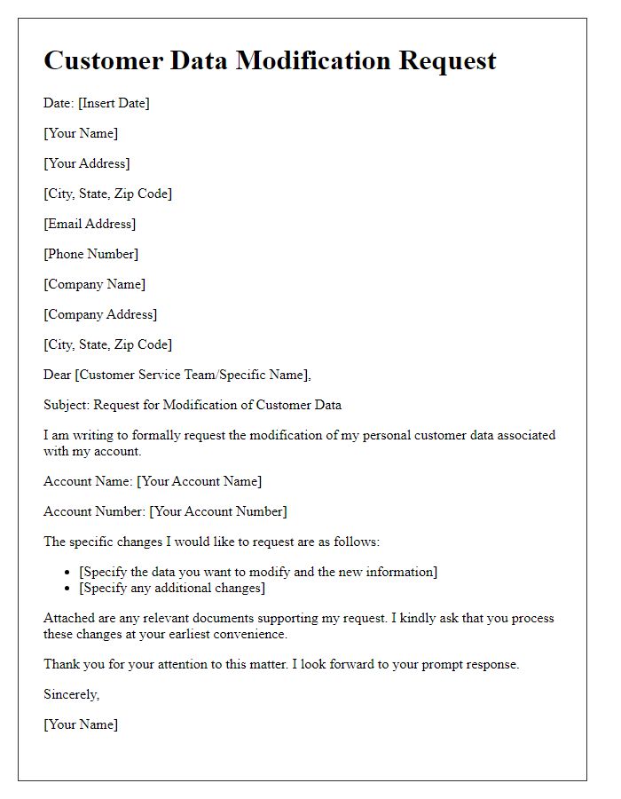 Letter template of customer data modification request