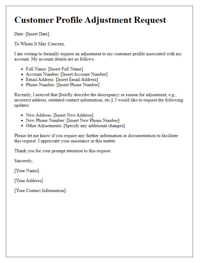 Letter template of customer profile adjustment request