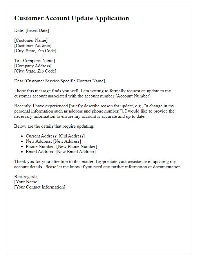 Letter template of update application for customer account