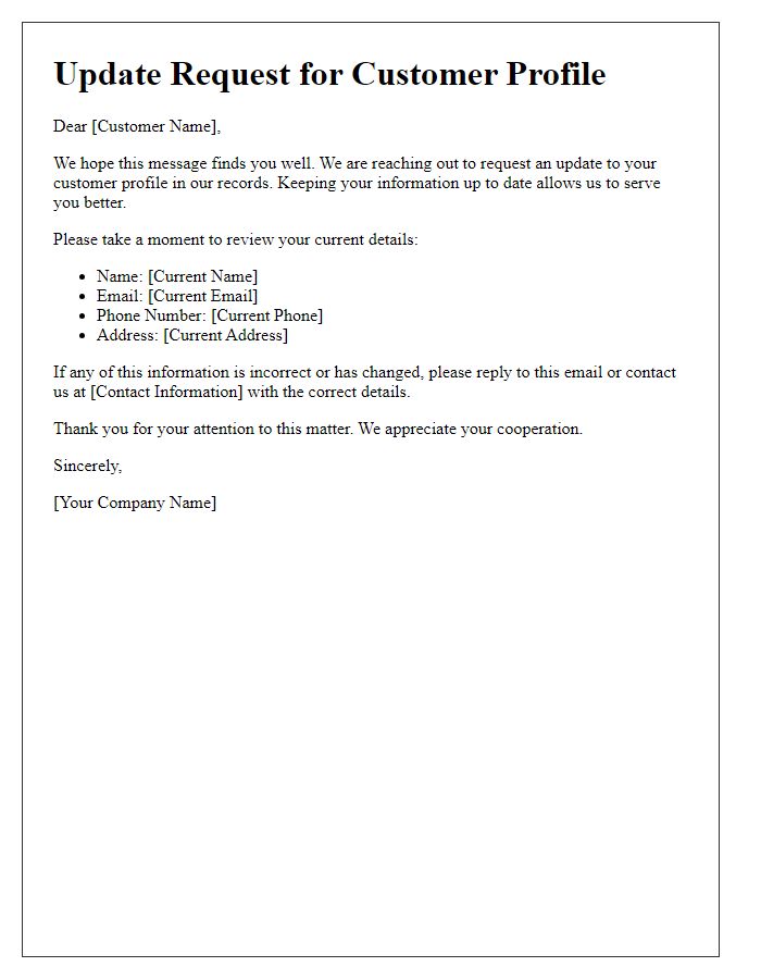 Letter template of update request for customer profile