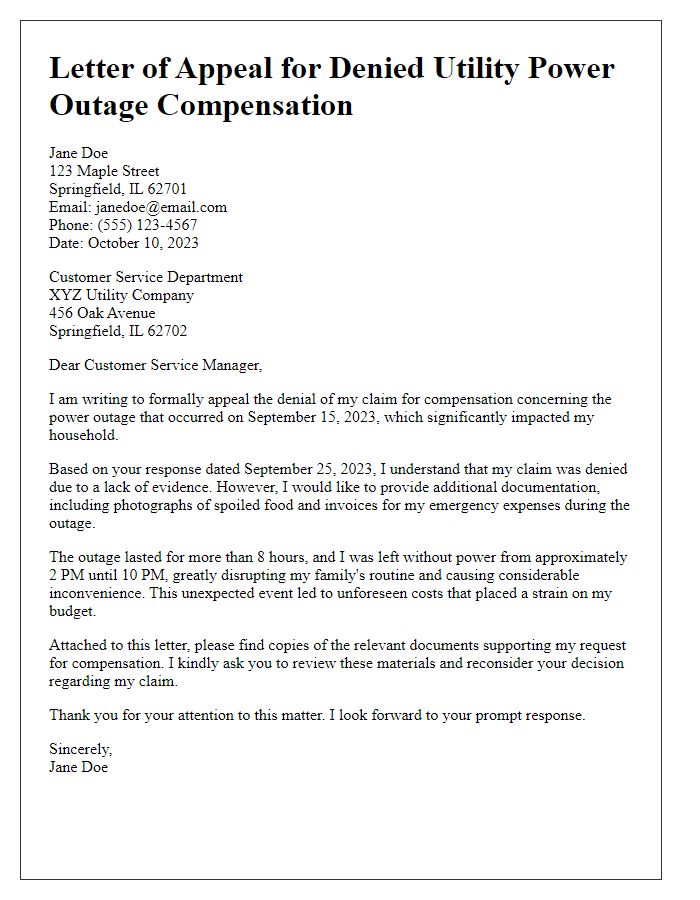 Letter template of appeal for denied utility power outage compensation.