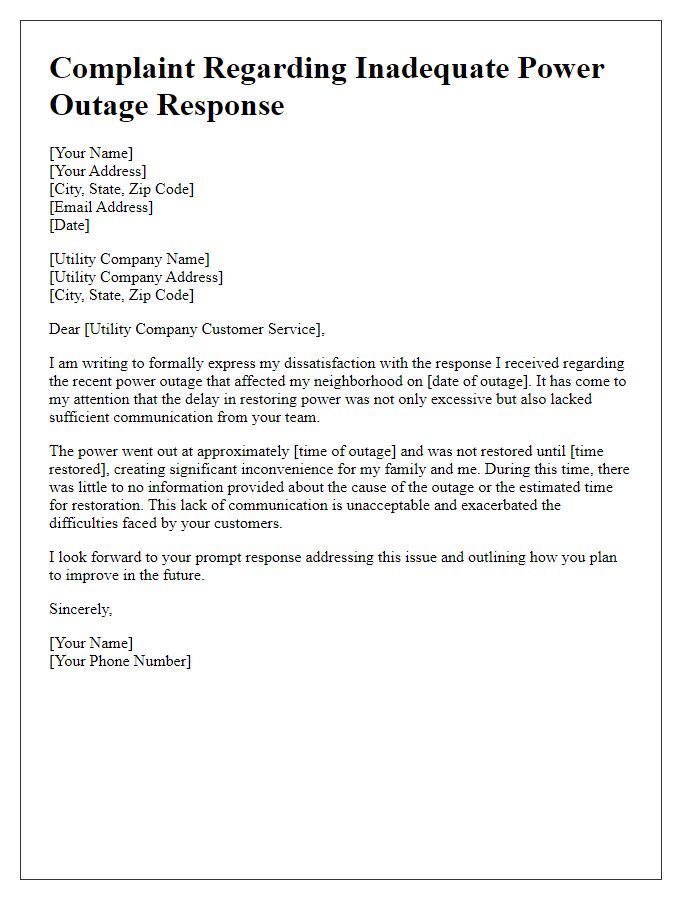 Letter template of complaint regarding inadequate utility power outage response.