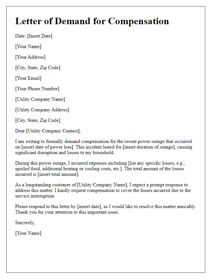 Letter template of demand for compensation due to power loss.