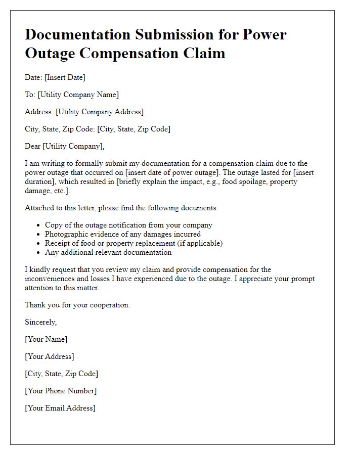 Letter template of documentation submission for power outage compensation claim.