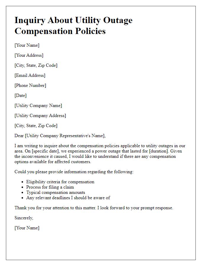 Letter template of inquiry about utility outage compensation policies.