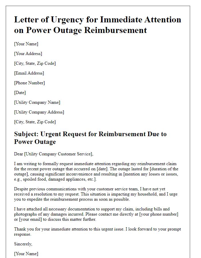 Letter template of urgency for immediate attention on power outage reimbursement.