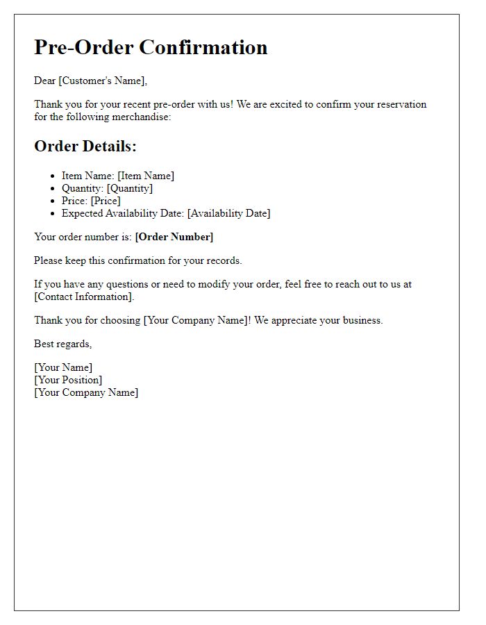 Letter template of pre-order confirmation for reserved merchandise