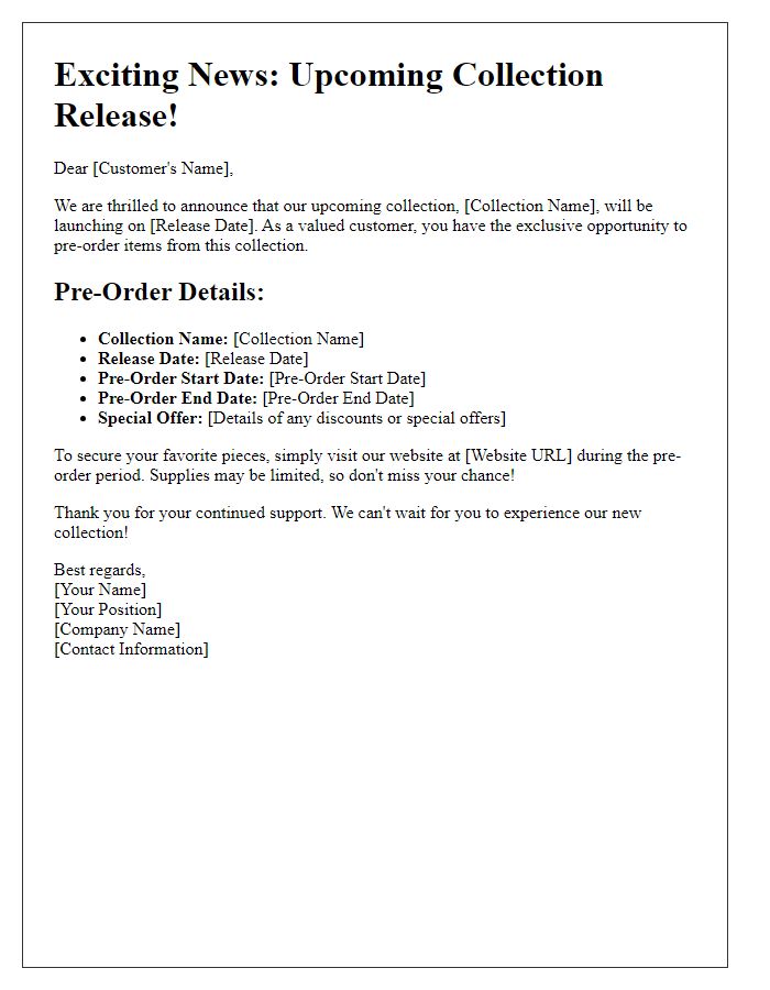 Letter template of pre-order details for upcoming collection release