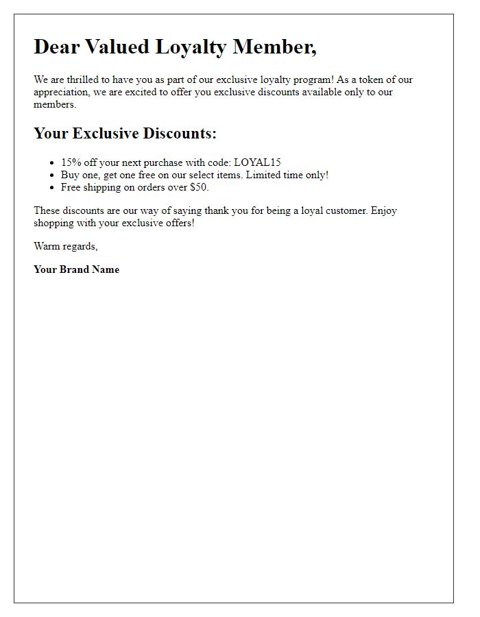 Letter template of exclusive discounts for loyalty program enrollees