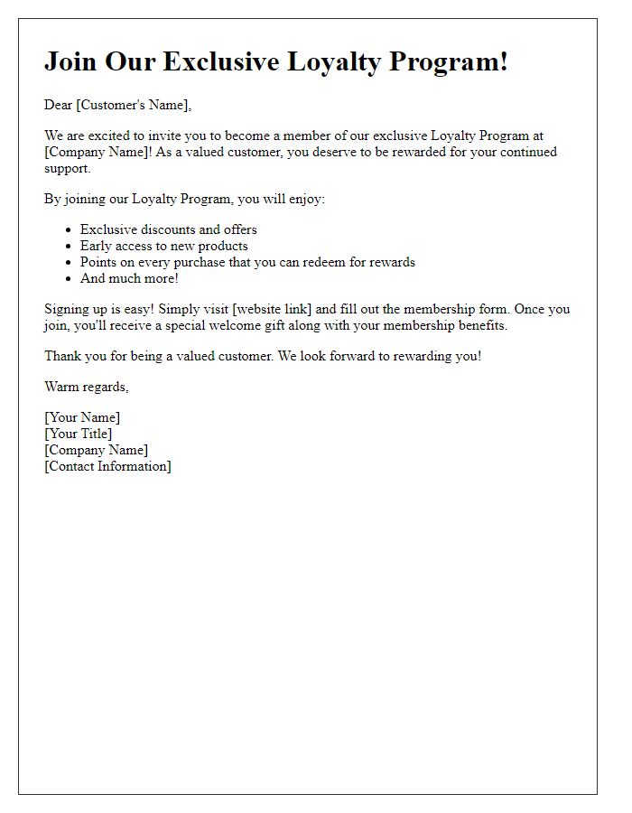 Letter template of loyalty program membership invitation