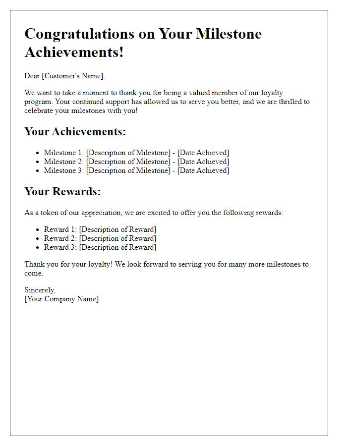 Letter template of loyalty program milestones and rewards