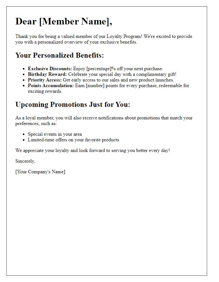 Letter template of personalized benefits overview for loyalty program members