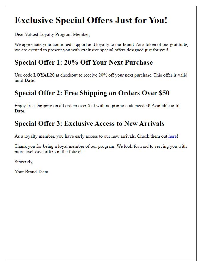 Letter template of special offers for loyalty program members