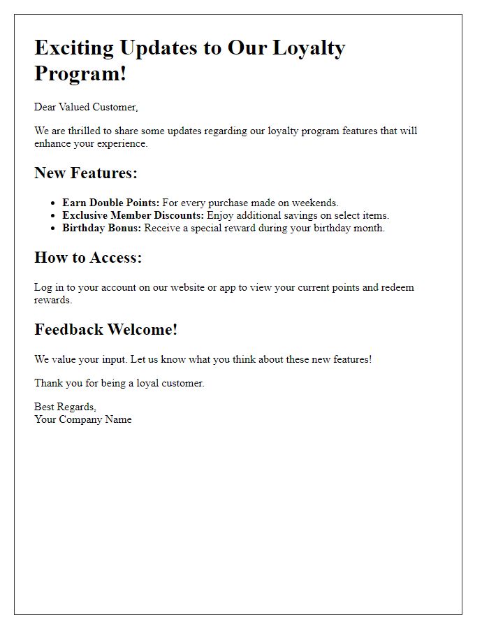 Letter template of updates regarding our loyalty program features
