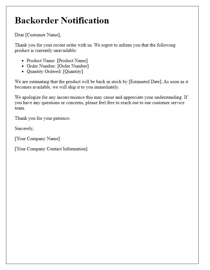 Letter template of backorder notification for unavailable product.