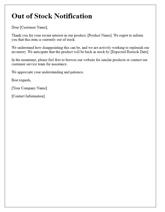 Letter template of out-of-stock alert for customer awareness.