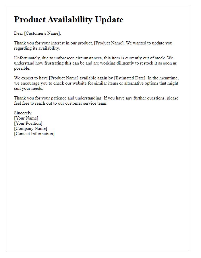Letter template of product availability update for out-of-stock item.