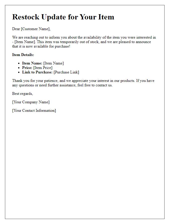 Letter template of restock update for temporarily unavailable item.