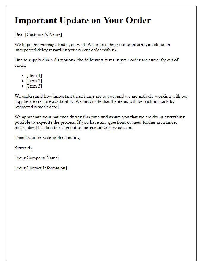 Letter template of supply chain delay message for out-of-stock goods.