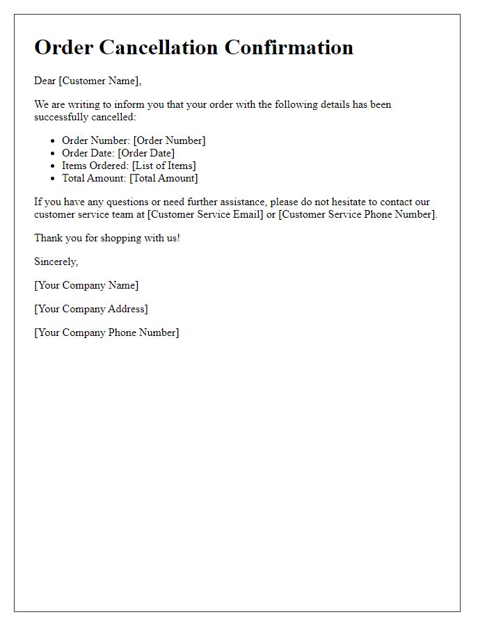 Letter template of online order cancellation details